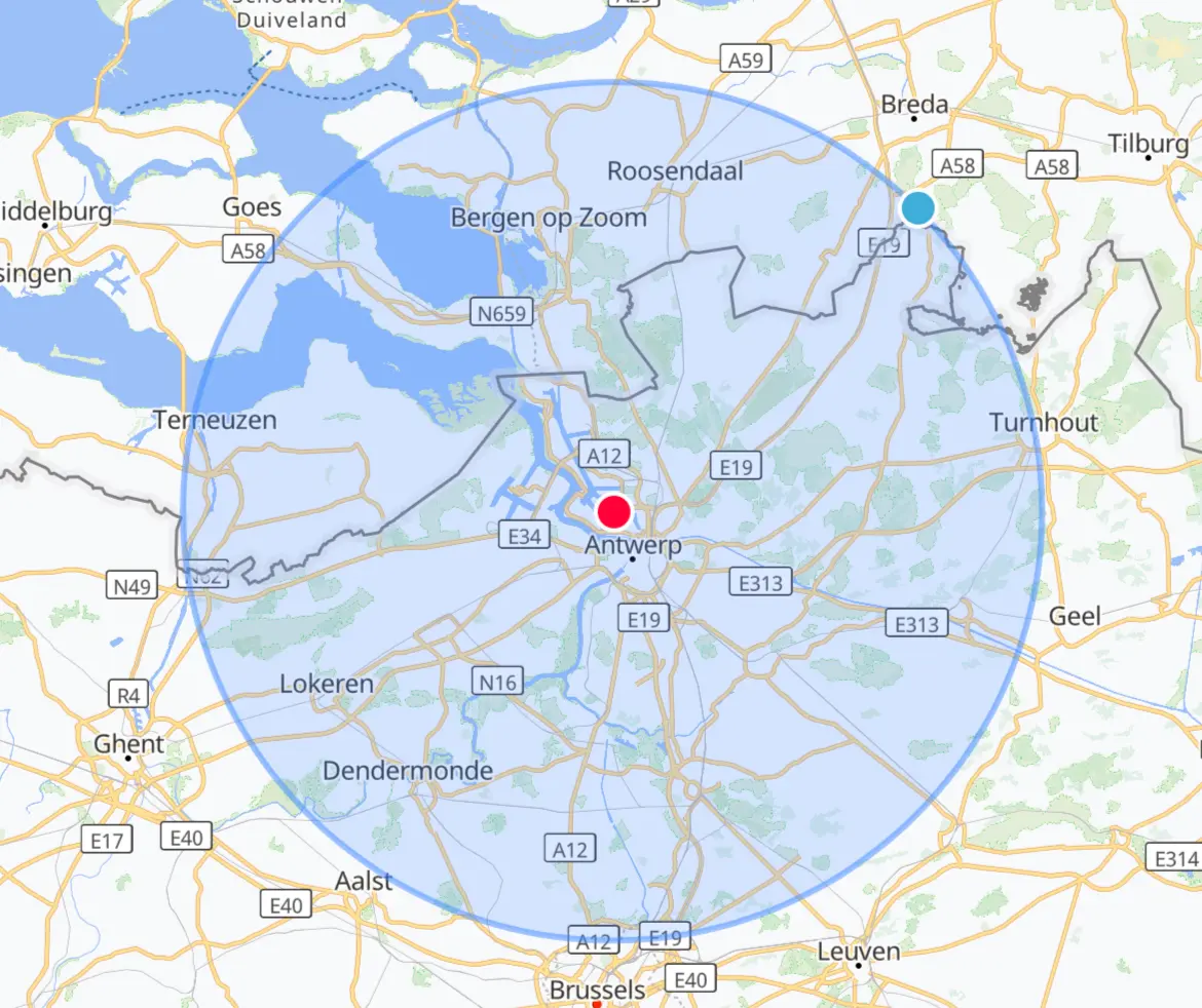 Kaart werkgebied CareStone Solutions - 40km rond Antwerpen en Merksem